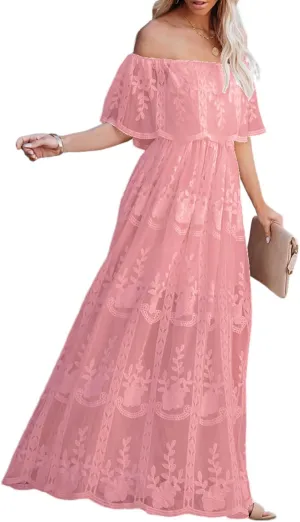 LRISES Womens V Neck Floral Embroidered Lace Wedding Maxi Dress Boho Short Sleeve Slit Bridesmaid Evening Party Dresses