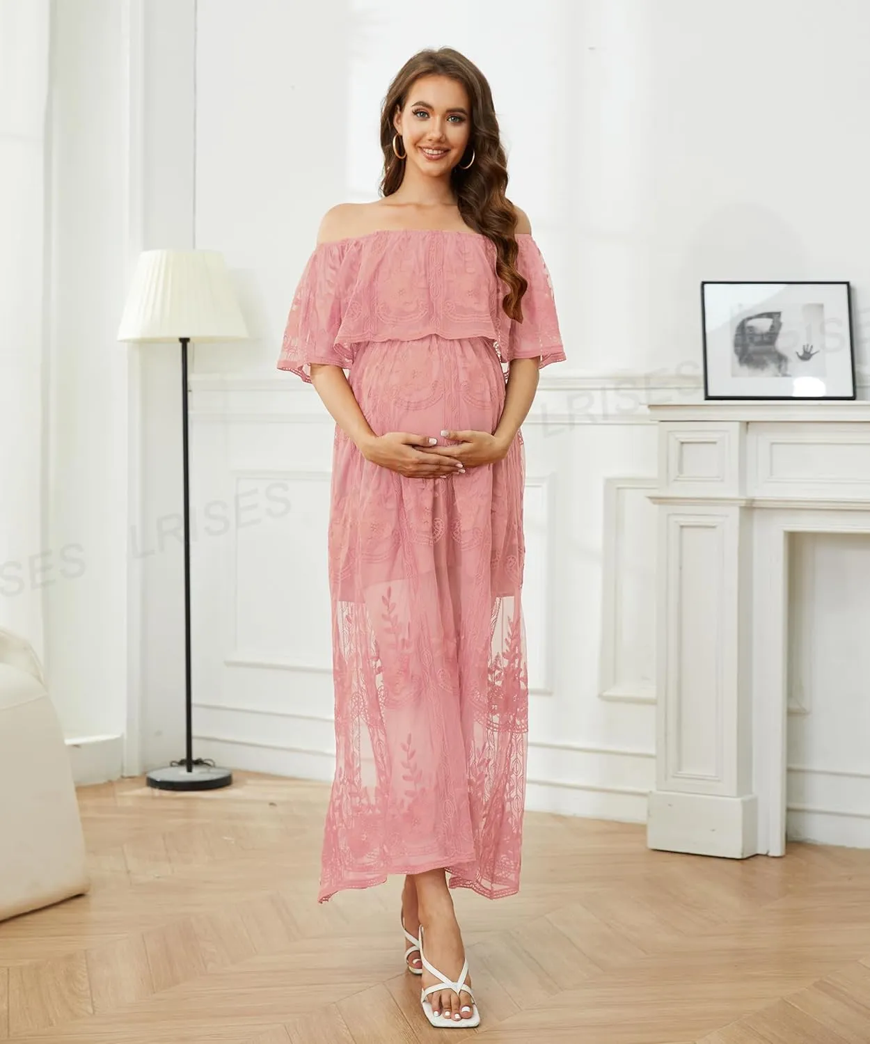 LRISES Womens V Neck Floral Embroidered Lace Wedding Maxi Dress Boho Short Sleeve Slit Bridesmaid Evening Party Dresses