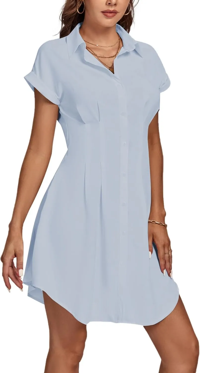 LYANER Women's Pleated Waist Collar Button Down Short Sleeve Mini Short Shirt Dress