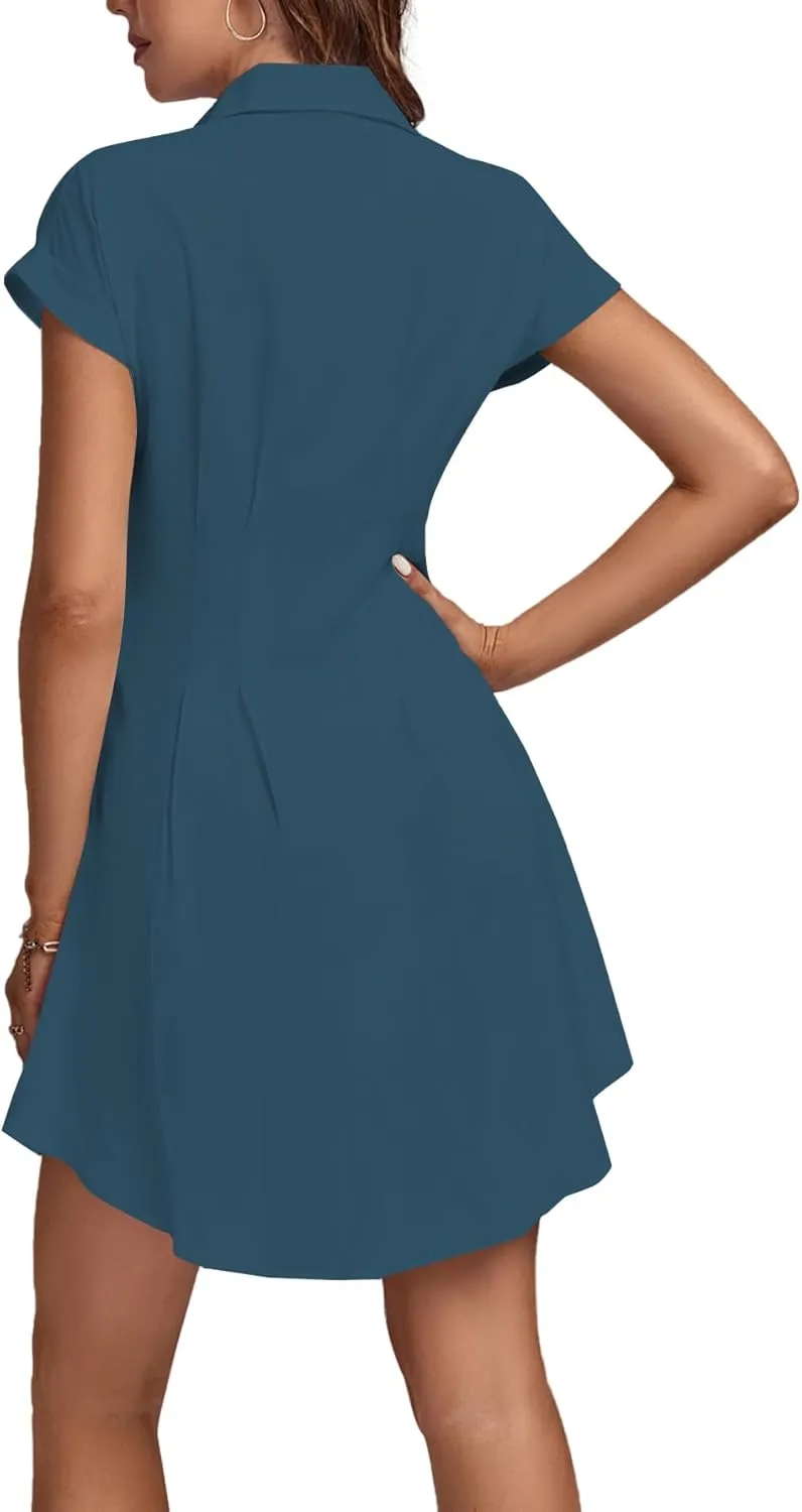 LYANER Women's Pleated Waist Collar Button Down Short Sleeve Mini Short Shirt Dress