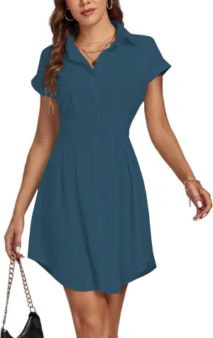LYANER Women's Pleated Waist Collar Button Down Short Sleeve Mini Short Shirt Dress