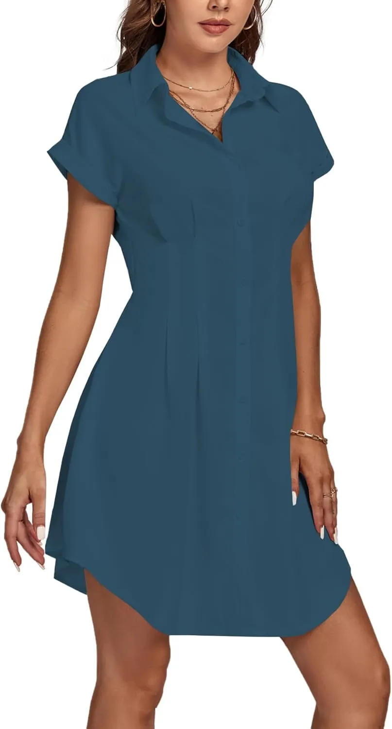 LYANER Women's Pleated Waist Collar Button Down Short Sleeve Mini Short Shirt Dress