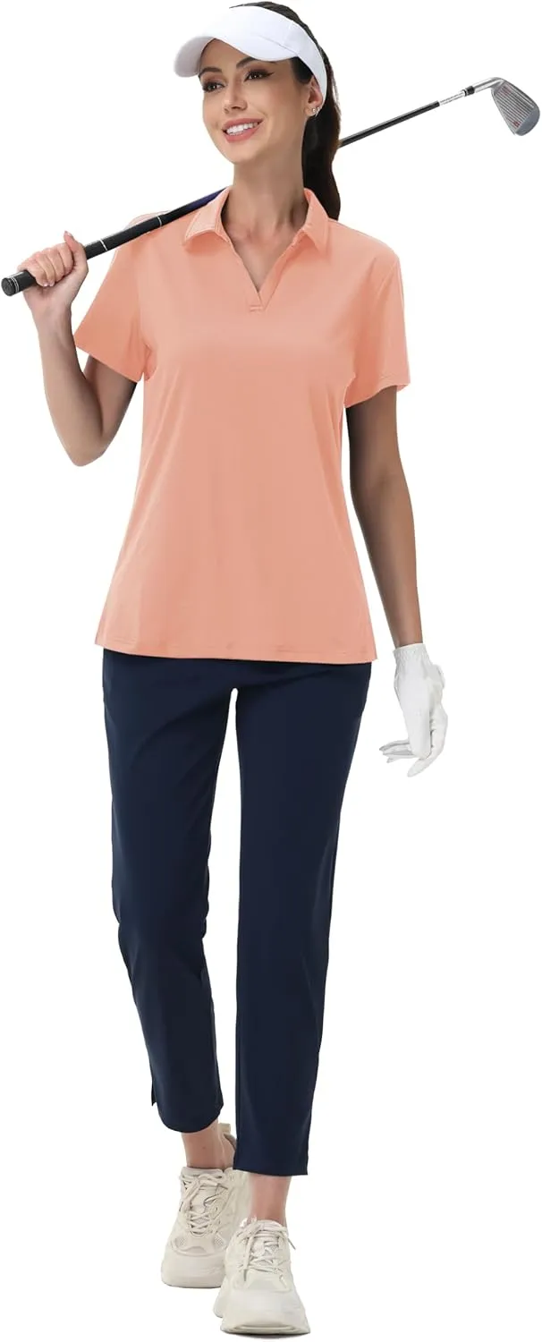 MAGCOMSEN Women's Golf Shirts Short Sleeve Polo Collared Tennis Shirt V Neck Quick Dry Sun Protection UPF 50 