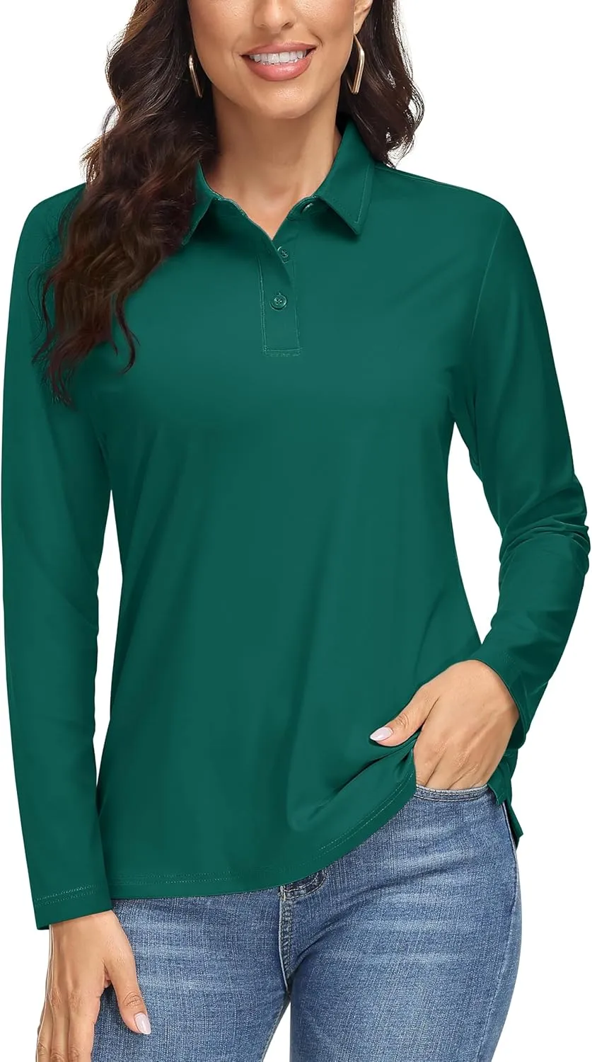 MAGCOMSEN Women's Long Sleeve Golf Shirts UPF 50  Polo Moisture Wicking 3-Button Placket Casual Shirt for Tennis Sports