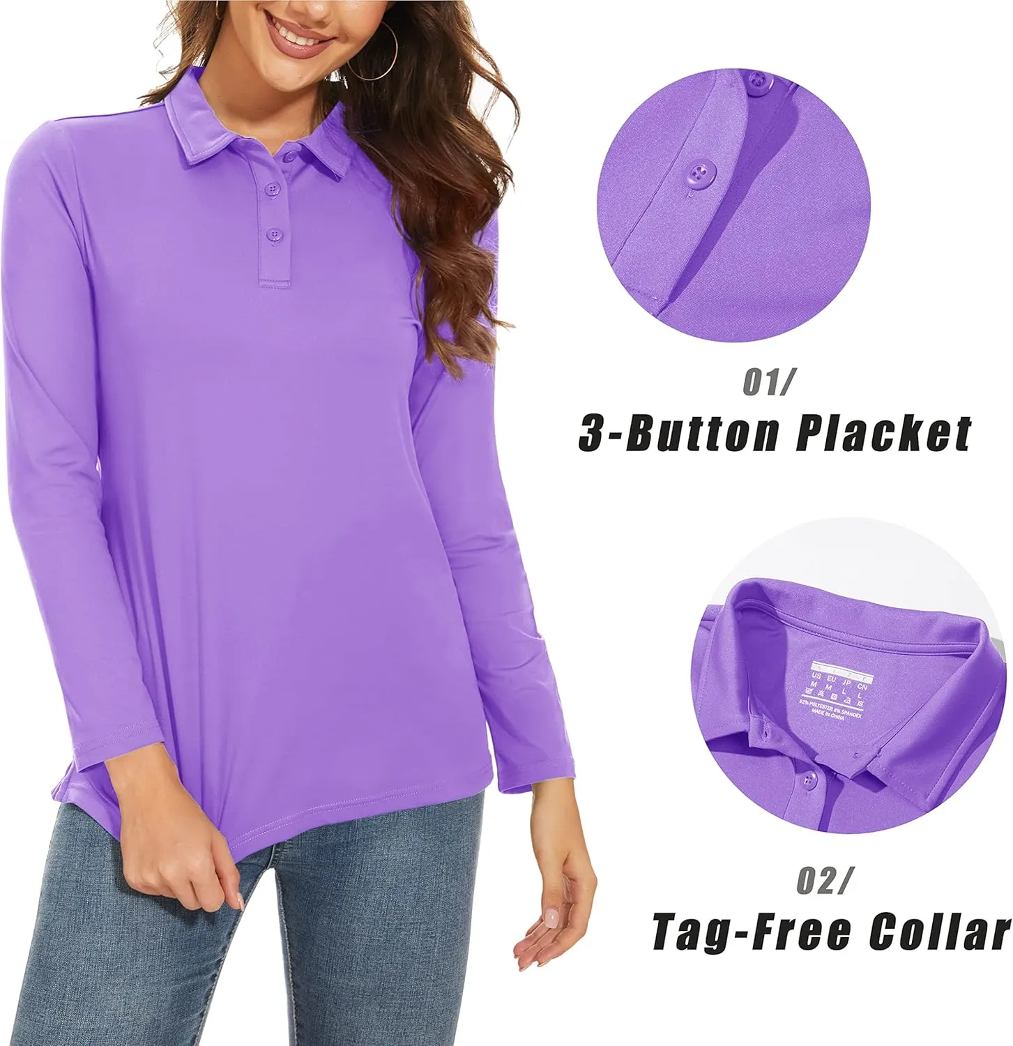 MAGCOMSEN Women's Long Sleeve Golf Shirts UPF 50  Polo Moisture Wicking 3-Button Placket Casual Shirt for Tennis Sports