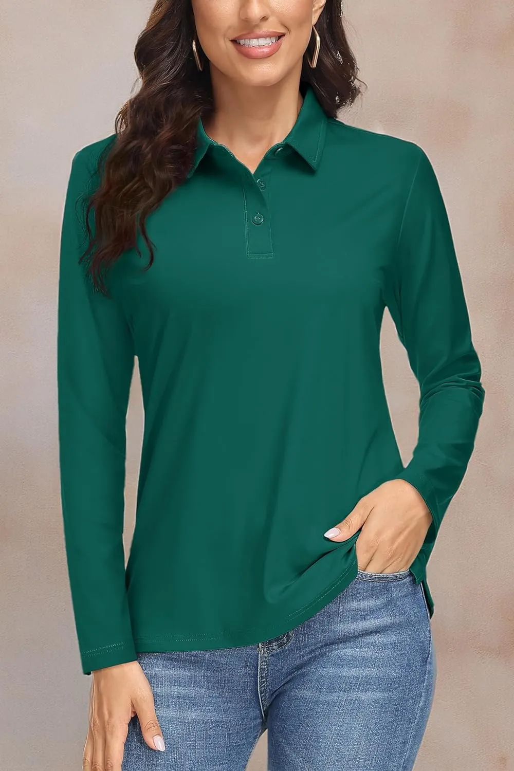 MAGCOMSEN Women's Long Sleeve Golf Shirts UPF 50  Polo Moisture Wicking 3-Button Placket Casual Shirt for Tennis Sports