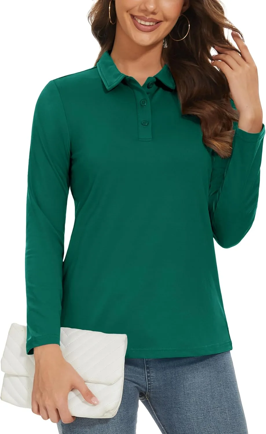 MAGCOMSEN Women's Long Sleeve Golf Shirts UPF 50  Polo Moisture Wicking 3-Button Placket Casual Shirt for Tennis Sports