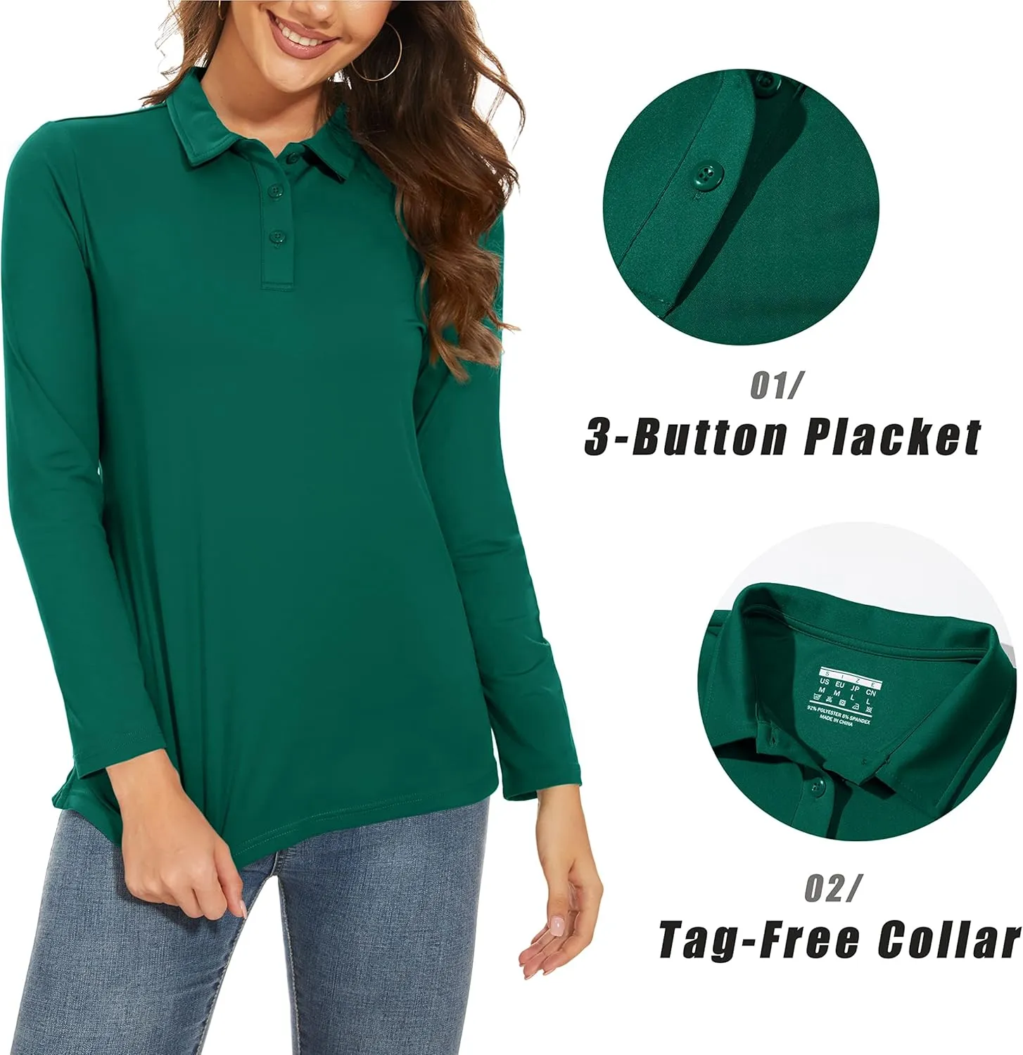 MAGCOMSEN Women's Long Sleeve Golf Shirts UPF 50  Polo Moisture Wicking 3-Button Placket Casual Shirt for Tennis Sports