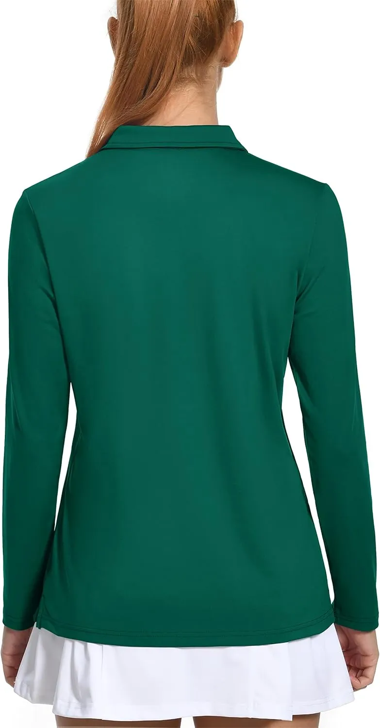 MAGCOMSEN Women's Long Sleeve Golf Shirts UPF 50  Polo Moisture Wicking 3-Button Placket Casual Shirt for Tennis Sports