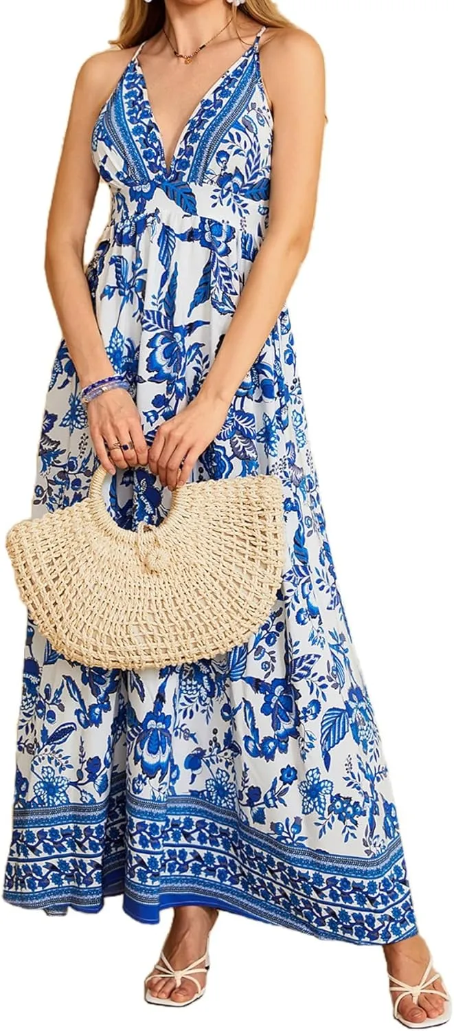 MakeMeChic Women's Summer Blue and White Floral Dress Boho Backless Maxi Sundress Spaghetti Strap Flowy Dress