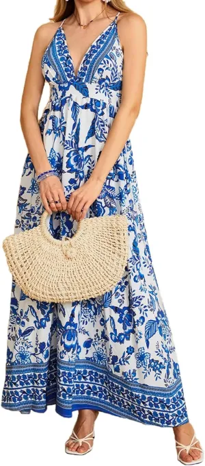 MakeMeChic Women's Summer Blue and White Floral Dress Boho Backless Maxi Sundress Spaghetti Strap Flowy Dress