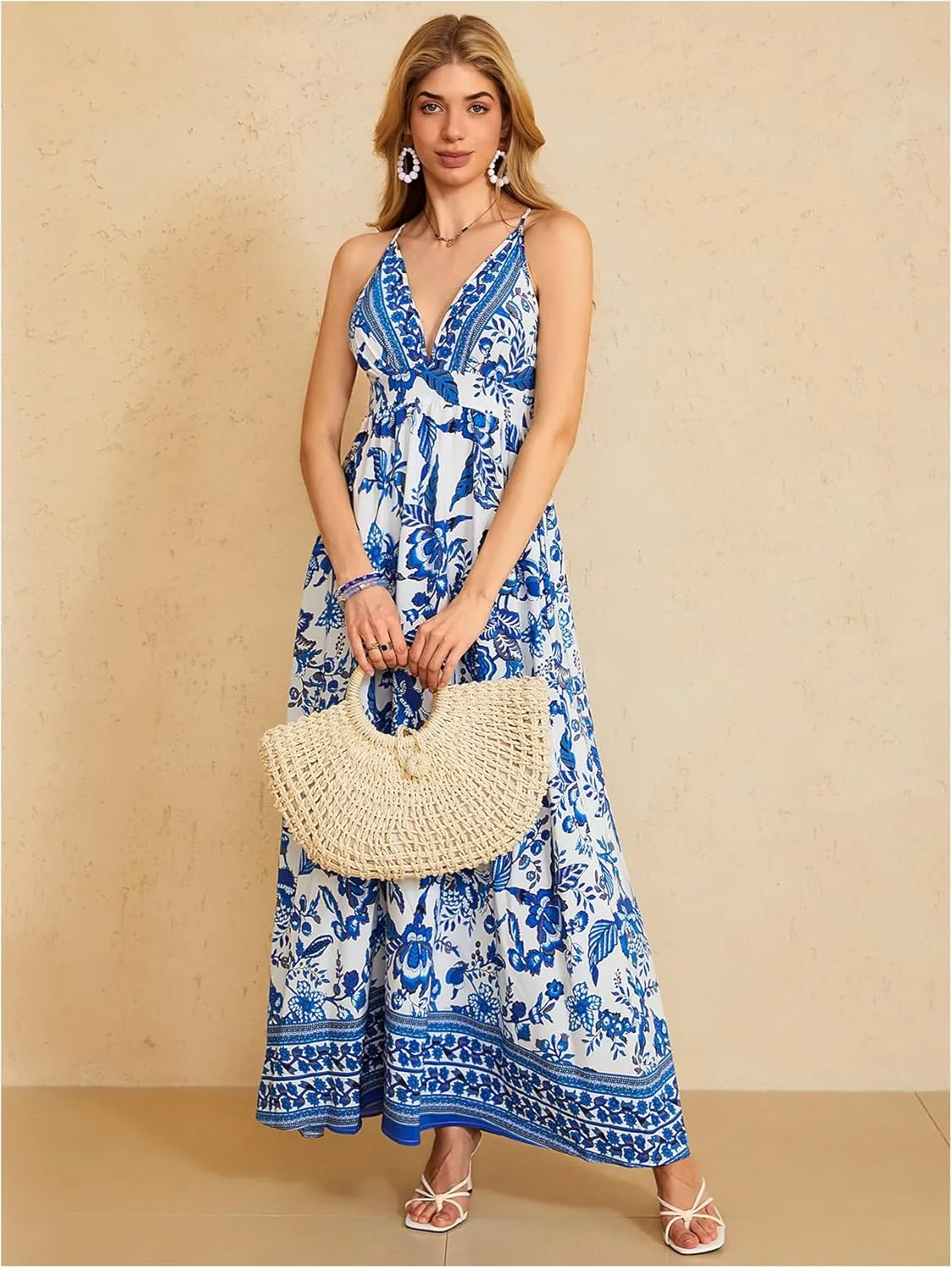 MakeMeChic Women's Summer Blue and White Floral Dress Boho Backless Maxi Sundress Spaghetti Strap Flowy Dress