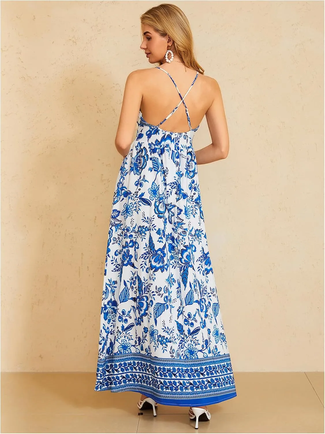 MakeMeChic Women's Summer Blue and White Floral Dress Boho Backless Maxi Sundress Spaghetti Strap Flowy Dress