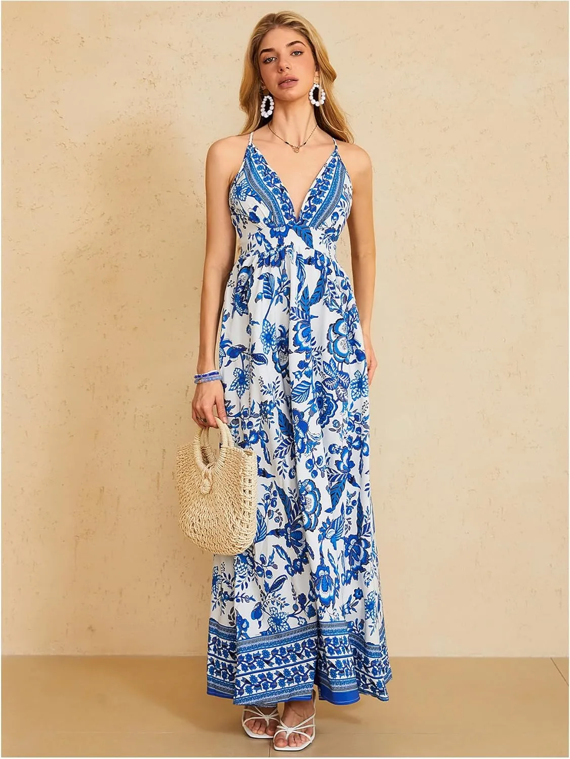 MakeMeChic Women's Summer Blue and White Floral Dress Boho Backless Maxi Sundress Spaghetti Strap Flowy Dress
