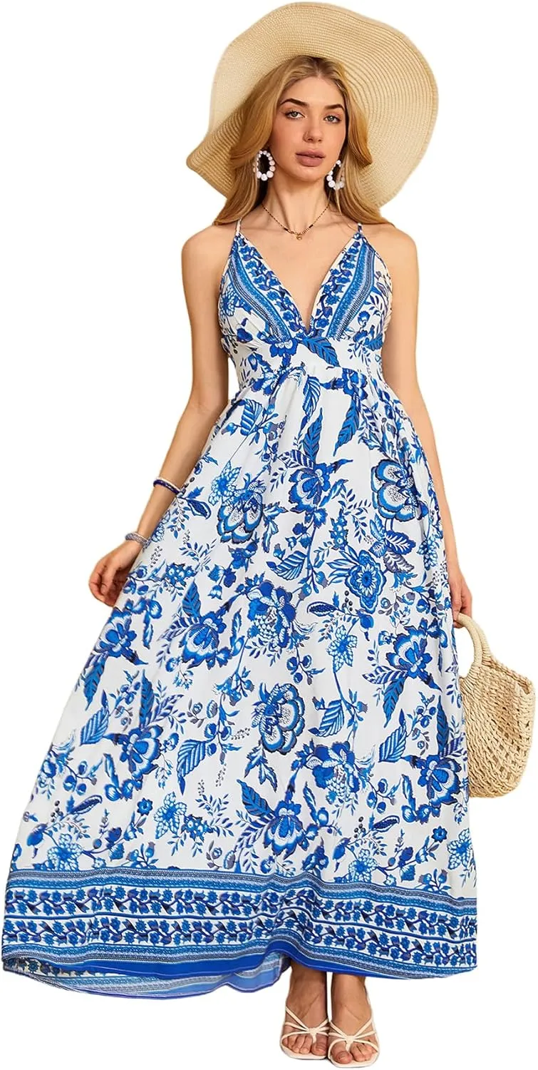MakeMeChic Women's Summer Blue and White Floral Dress Boho Backless Maxi Sundress Spaghetti Strap Flowy Dress