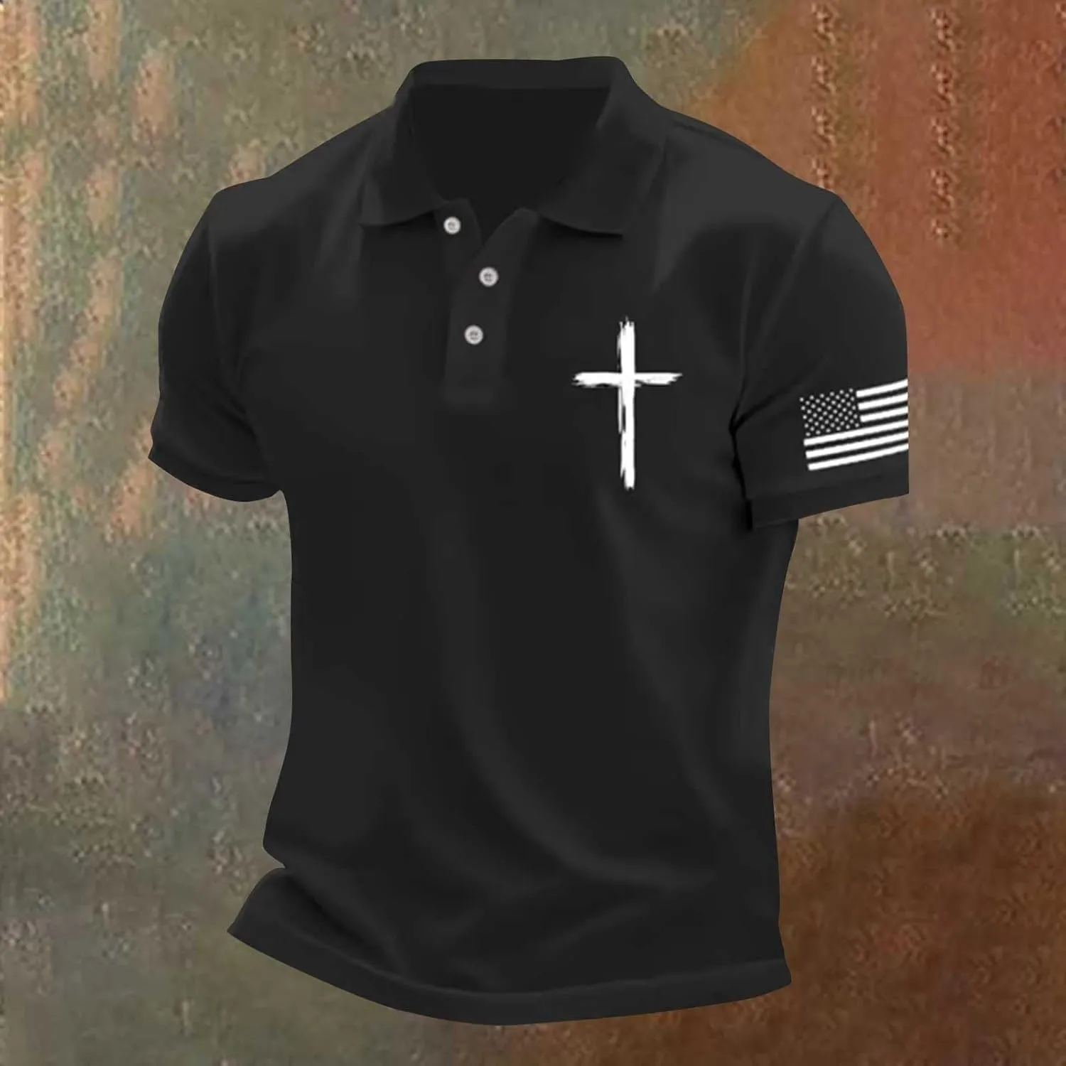 Mens 4th of July American Flag Polo Shirts Button Up Lapel Fashion Golf Shirts Cross Nail Embroidered Tops for Tennis