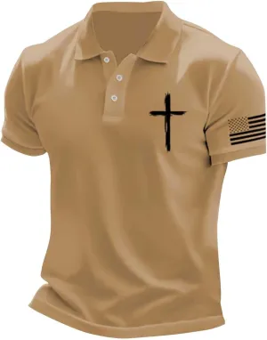 Mens 4th of July American Flag Polo Shirts Button Up Lapel Fashion Golf Shirts Cross Nail Embroidered Tops for Tennis