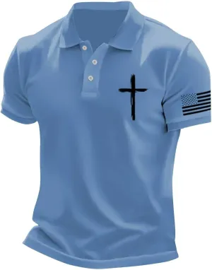 Mens 4th of July American Flag Polo Shirts Button Up Lapel Fashion Golf Shirts Cross Nail Embroidered Tops for Tennis