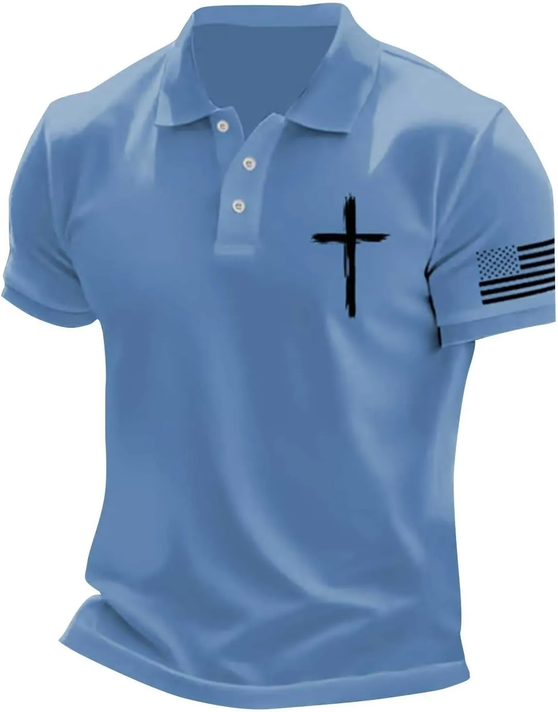 Mens 4th of July American Flag Polo Shirts Button Up Lapel Fashion Golf Shirts Cross Nail Embroidered Tops for Tennis