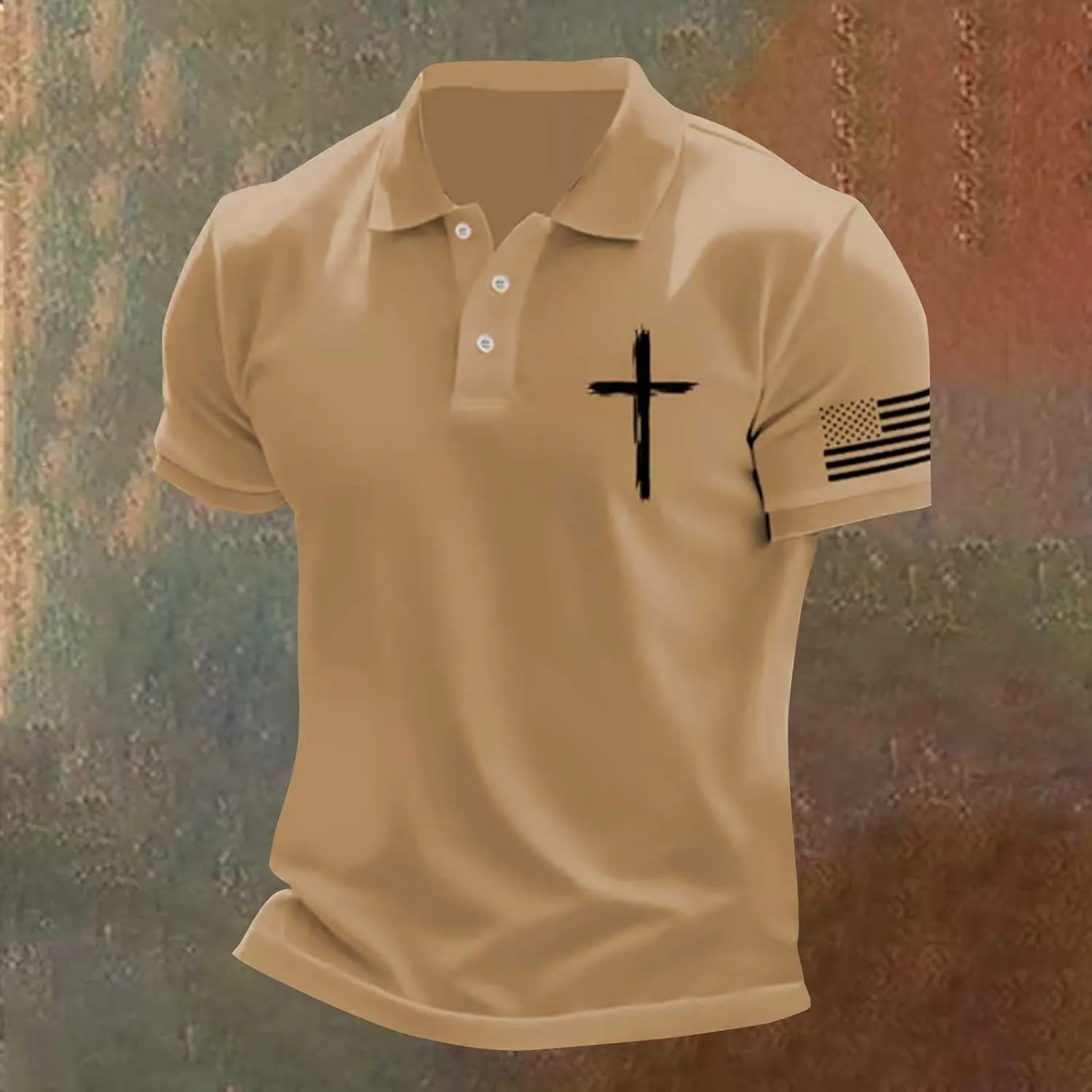 Mens 4th of July American Flag Polo Shirts Button Up Lapel Fashion Golf Shirts Cross Nail Embroidered Tops for Tennis