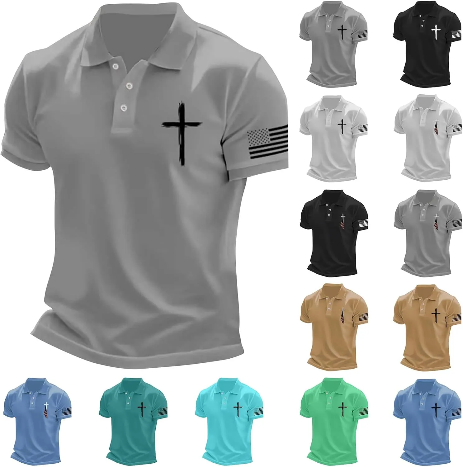 Mens 4th of July American Flag Polo Shirts Button Up Lapel Fashion Golf Shirts Cross Nail Embroidered Tops for Tennis