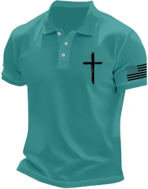 Mens 4th of July American Flag Polo Shirts Button Up Lapel Fashion Golf Shirts Cross Nail Embroidered Tops for Tennis