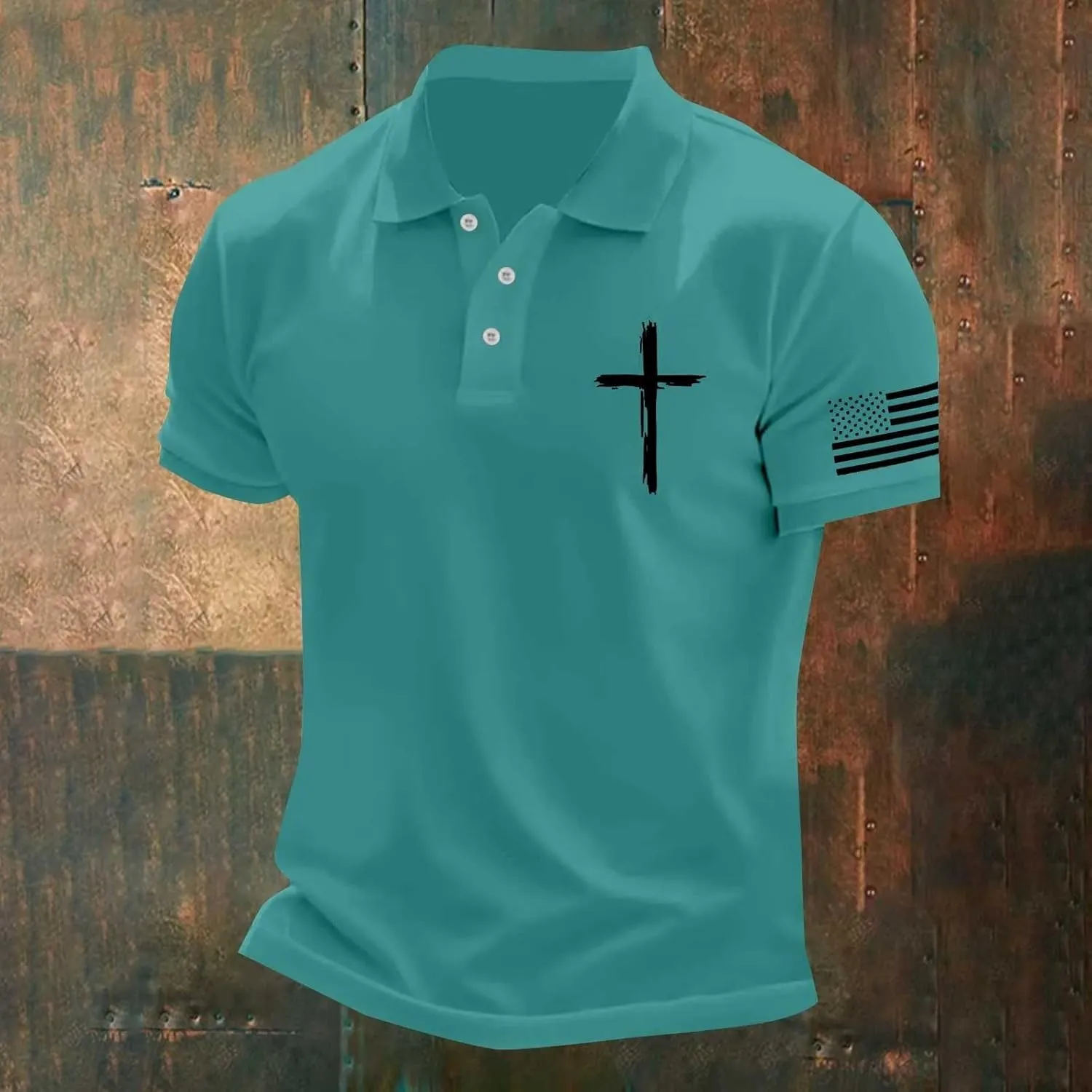 Mens 4th of July American Flag Polo Shirts Button Up Lapel Fashion Golf Shirts Cross Nail Embroidered Tops for Tennis