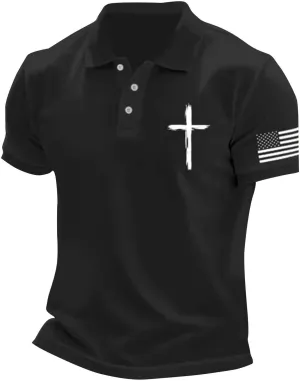 Mens 4th of July American Flag Polo Shirts Button Up Lapel Fashion Golf Shirts Cross Nail Embroidered Tops for Tennis