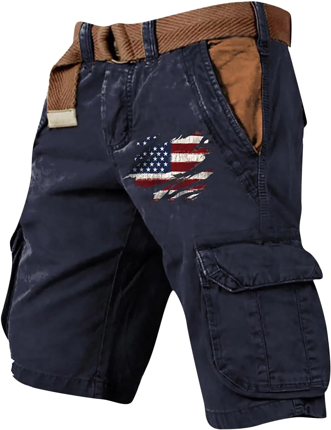 Mens Cargo Shorts Patriotic American Flag Shorts Outdoor Muiti-Pockets Short Jogging Hiking Pants with Zipper