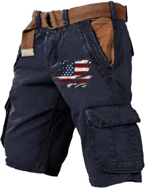 Mens Cargo Shorts Patriotic American Flag Shorts Outdoor Muiti-Pockets Short Jogging Hiking Pants with Zipper