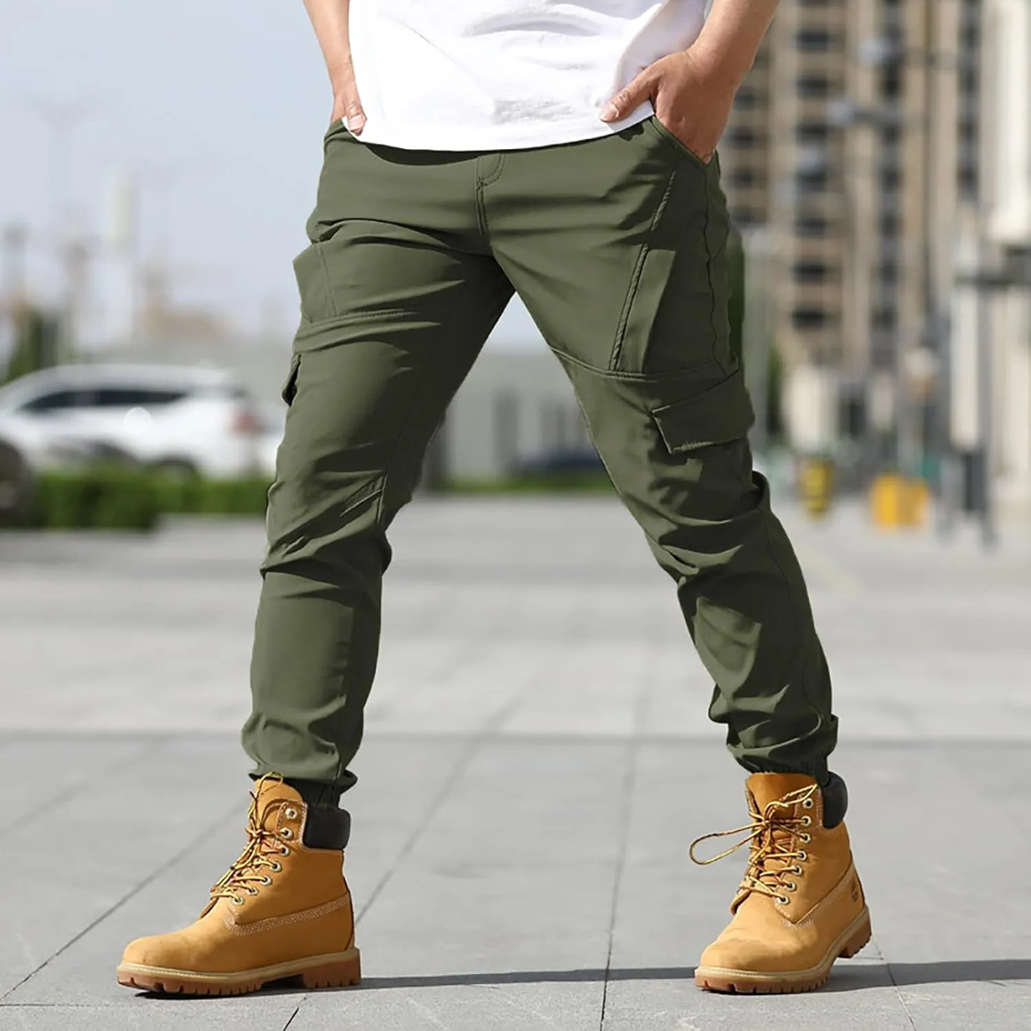 Men's Casual Pants Lightweight Stretch Outdoor Sport Joggers Loose Fit Solid Color Work Cargo Trousers with