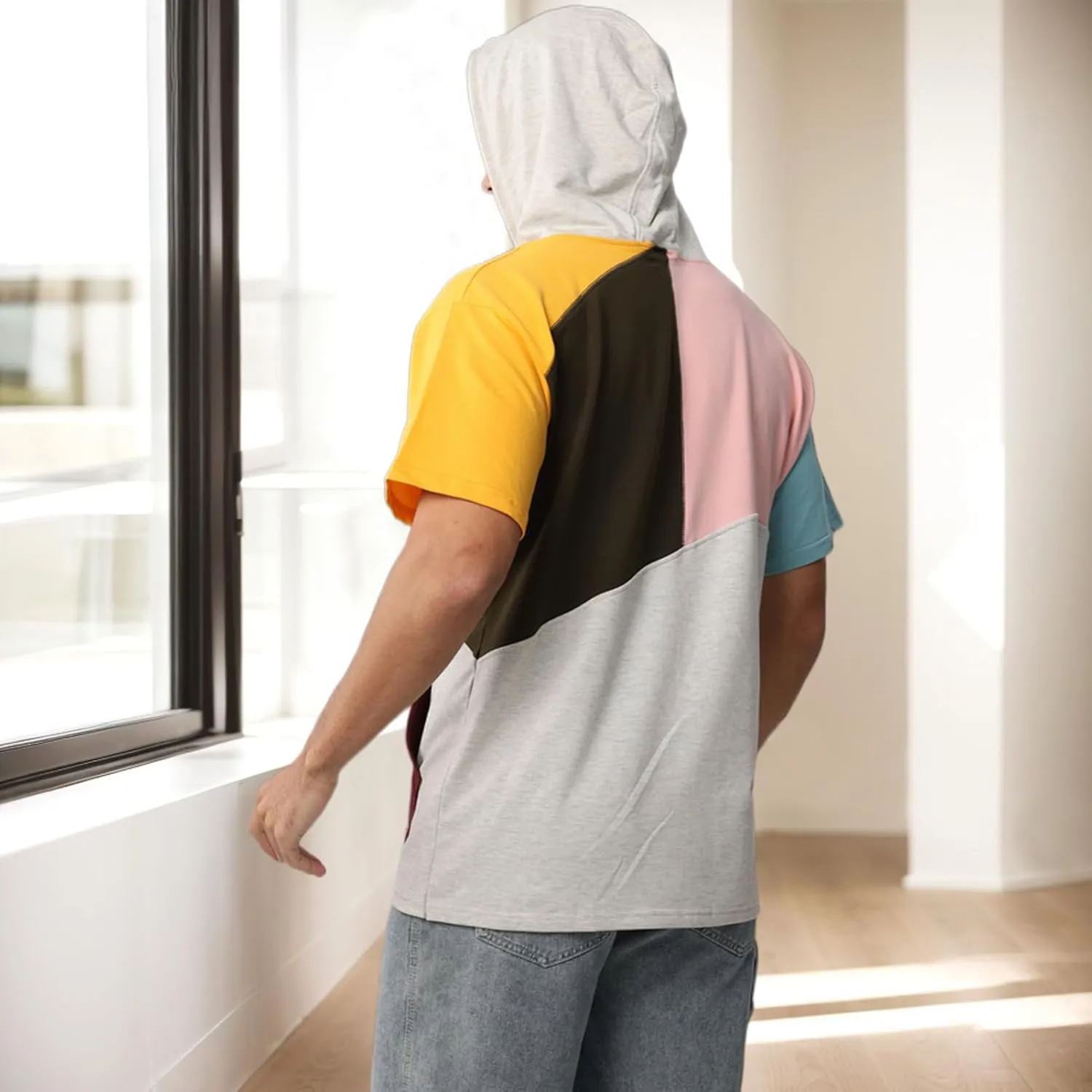 Mens Short Sleeve Hoodie Soft Cotton Color Block T-Shirt Sweatshirt Big Pocket Half Sleeve Summer Pullover