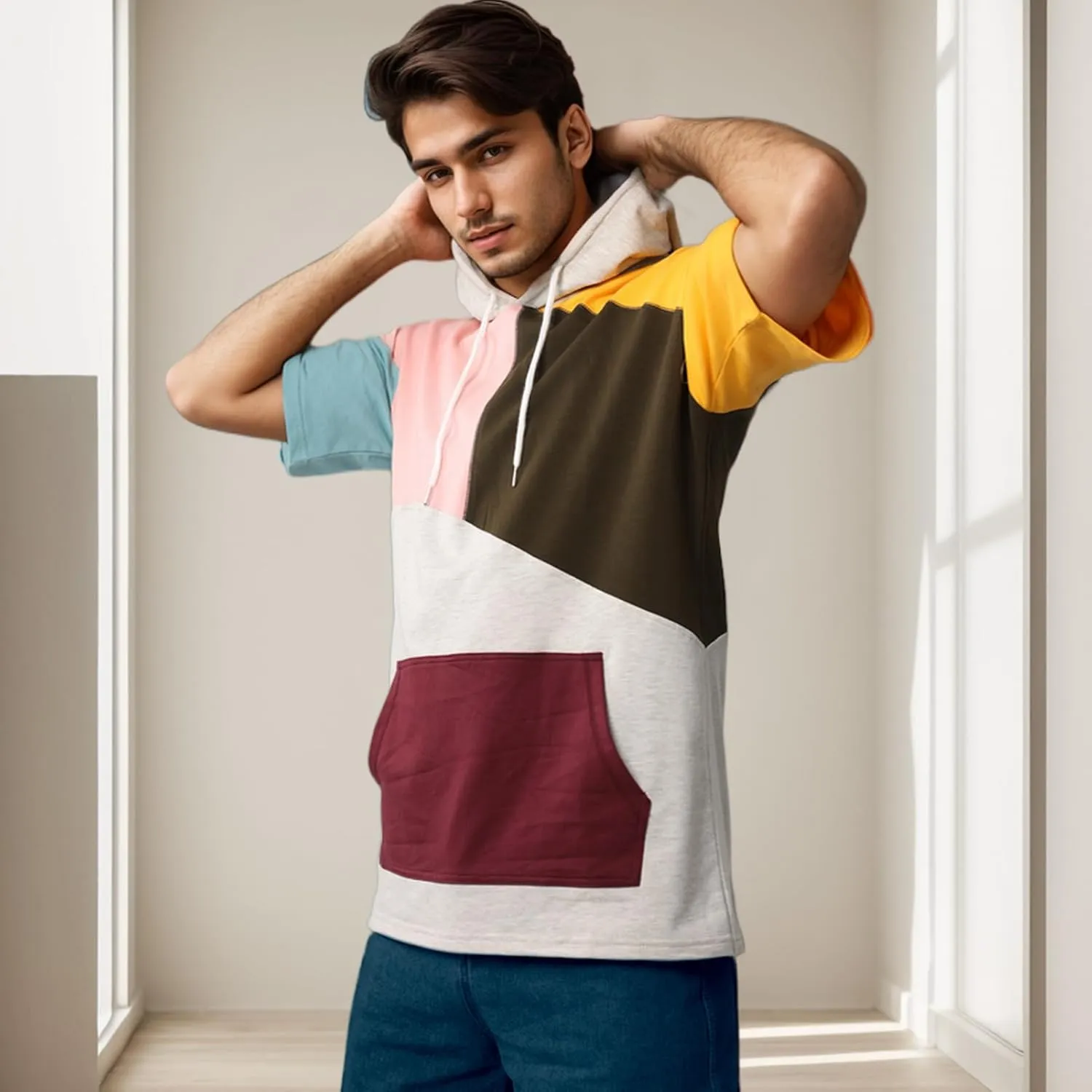 Mens Short Sleeve Hoodie Soft Cotton Color Block T-Shirt Sweatshirt Big Pocket Half Sleeve Summer Pullover