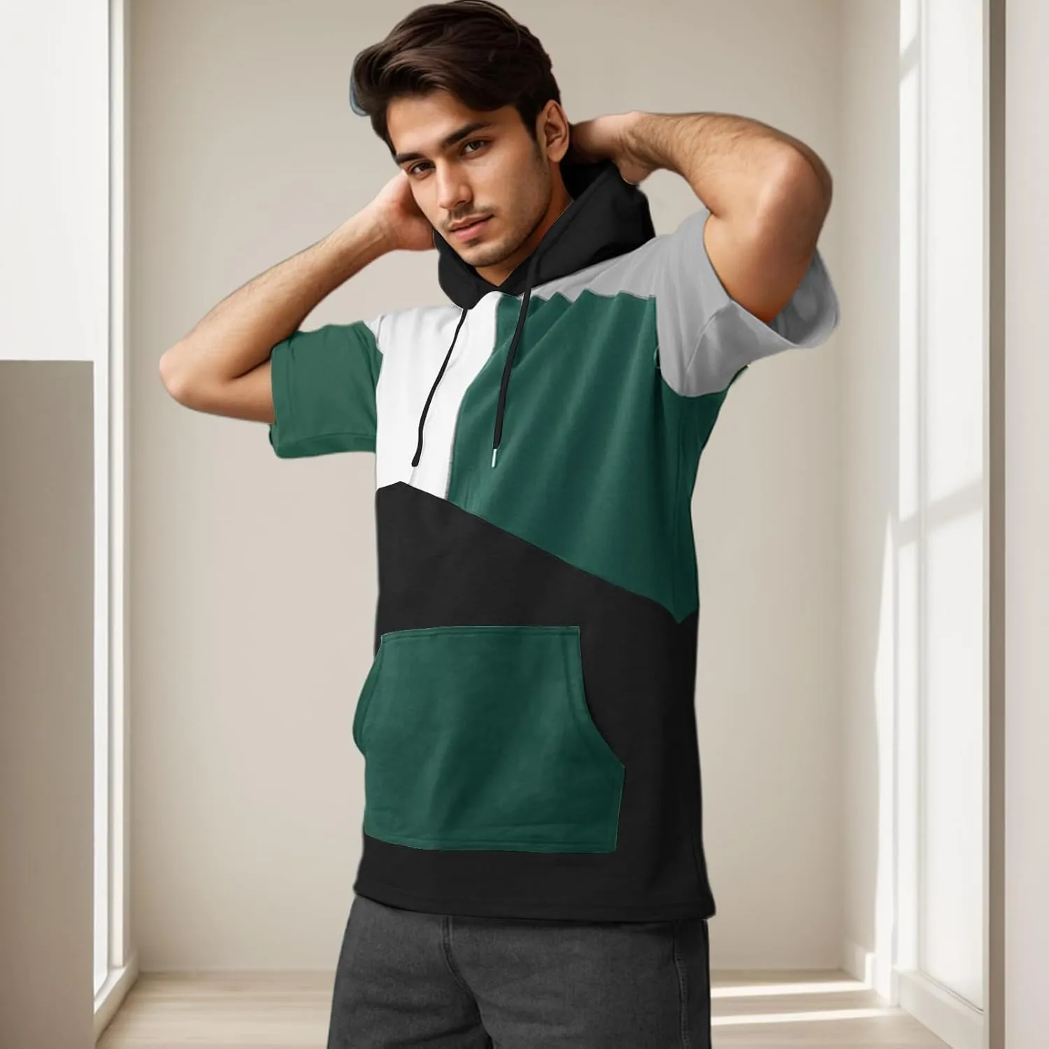 Mens Short Sleeve Hoodie Soft Cotton Color Block T-Shirt Sweatshirt Big Pocket Half Sleeve Summer Pullover