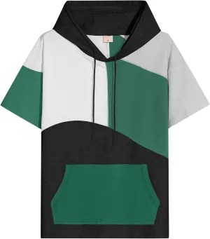 Mens Short Sleeve Hoodie Soft Cotton Color Block T-Shirt Sweatshirt Big Pocket Half Sleeve Summer Pullover