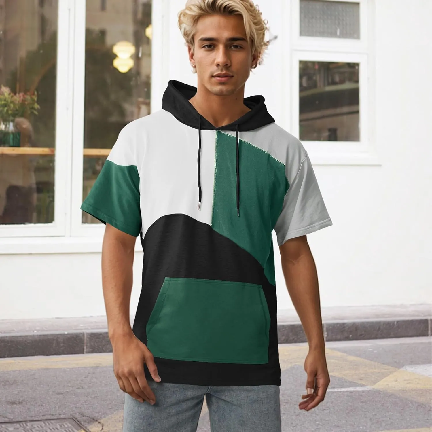 Mens Short Sleeve Hoodie Soft Cotton Color Block T-Shirt Sweatshirt Big Pocket Half Sleeve Summer Pullover
