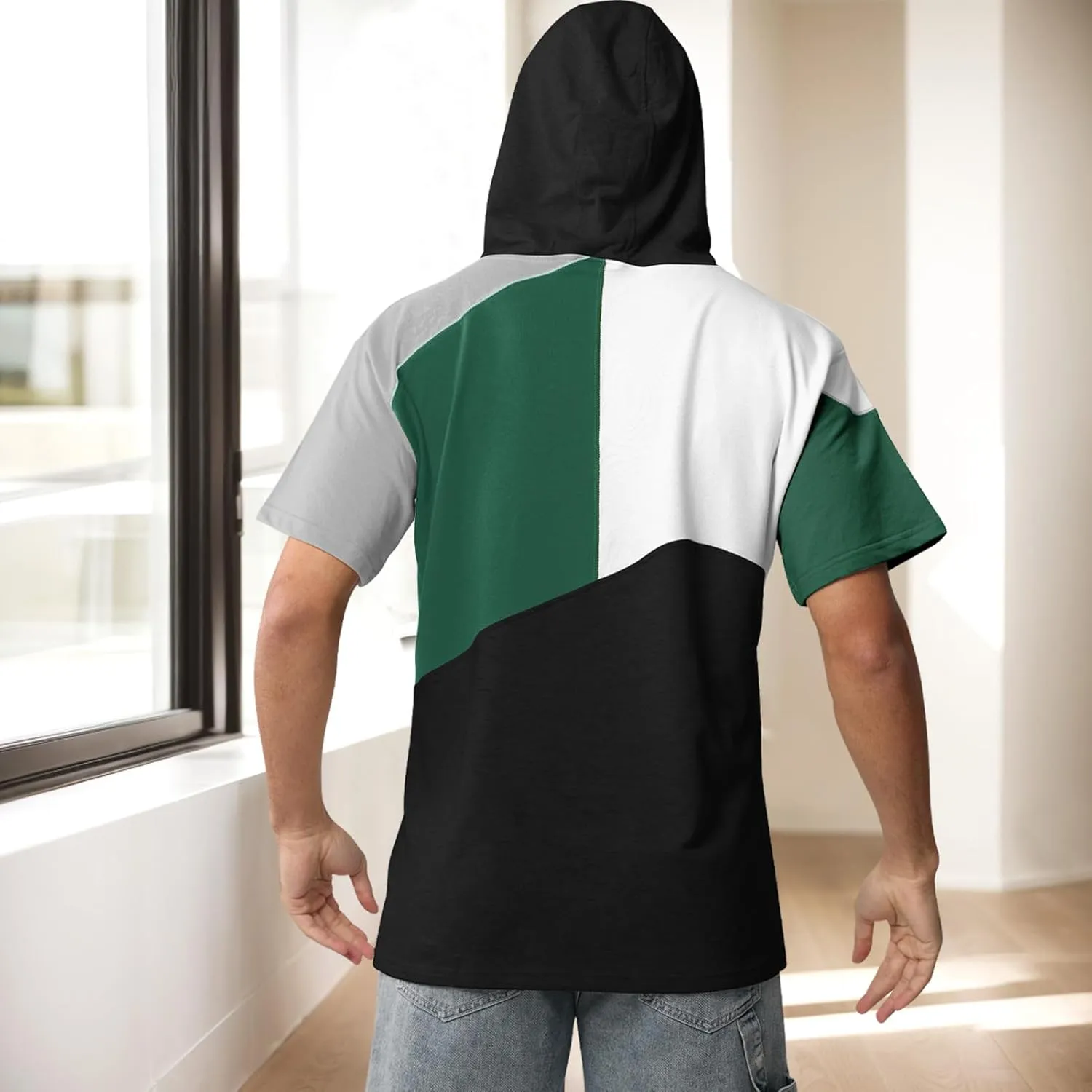 Mens Short Sleeve Hoodie Soft Cotton Color Block T-Shirt Sweatshirt Big Pocket Half Sleeve Summer Pullover