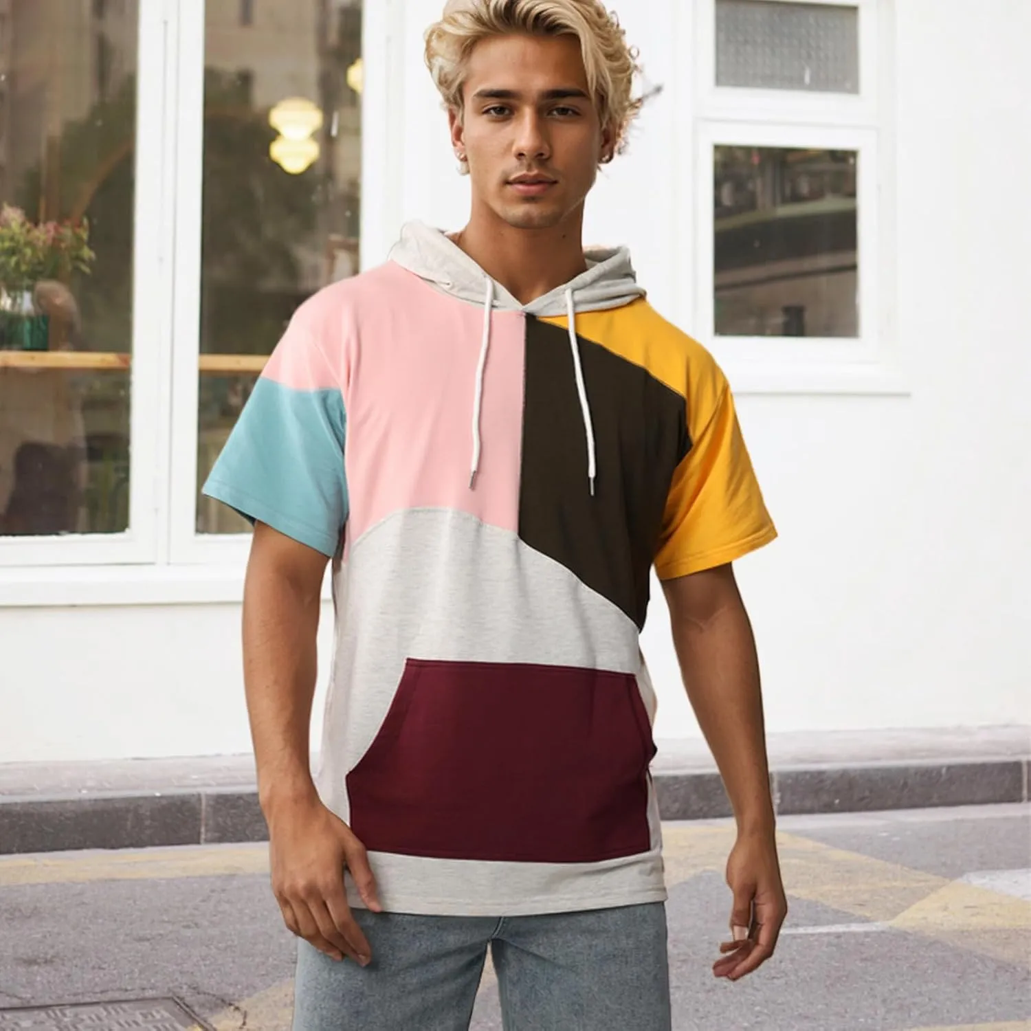 Mens Short Sleeve Hoodie Soft Cotton Color Block T-Shirt Sweatshirt Big Pocket Half Sleeve Summer Pullover