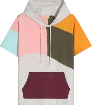 Mens Short Sleeve Hoodie Soft Cotton Color Block T-Shirt Sweatshirt Big Pocket Half Sleeve Summer Pullover