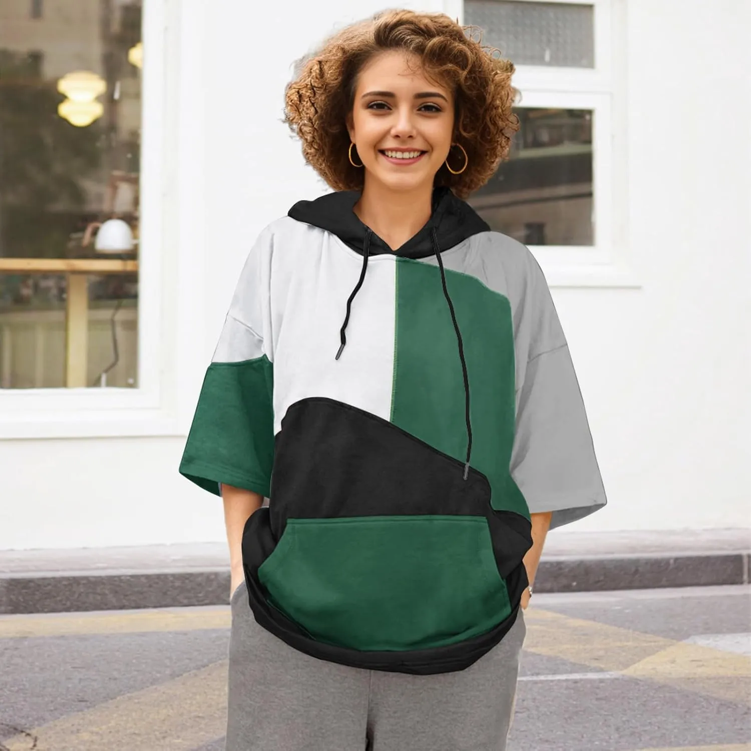 Mens Short Sleeve Hoodie Soft Cotton Color Block T-Shirt Sweatshirt Big Pocket Half Sleeve Summer Pullover