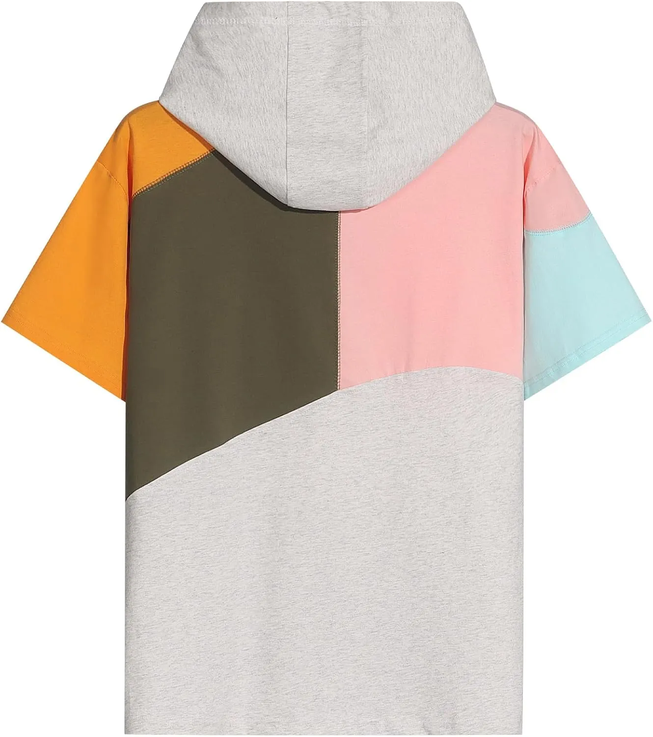 Mens Short Sleeve Hoodie Soft Cotton Color Block T-Shirt Sweatshirt Big Pocket Half Sleeve Summer Pullover