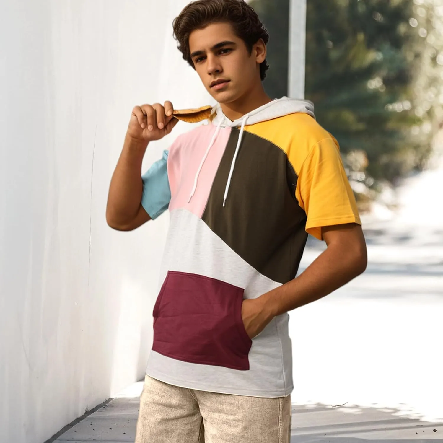 Mens Short Sleeve Hoodie Soft Cotton Color Block T-Shirt Sweatshirt Big Pocket Half Sleeve Summer Pullover