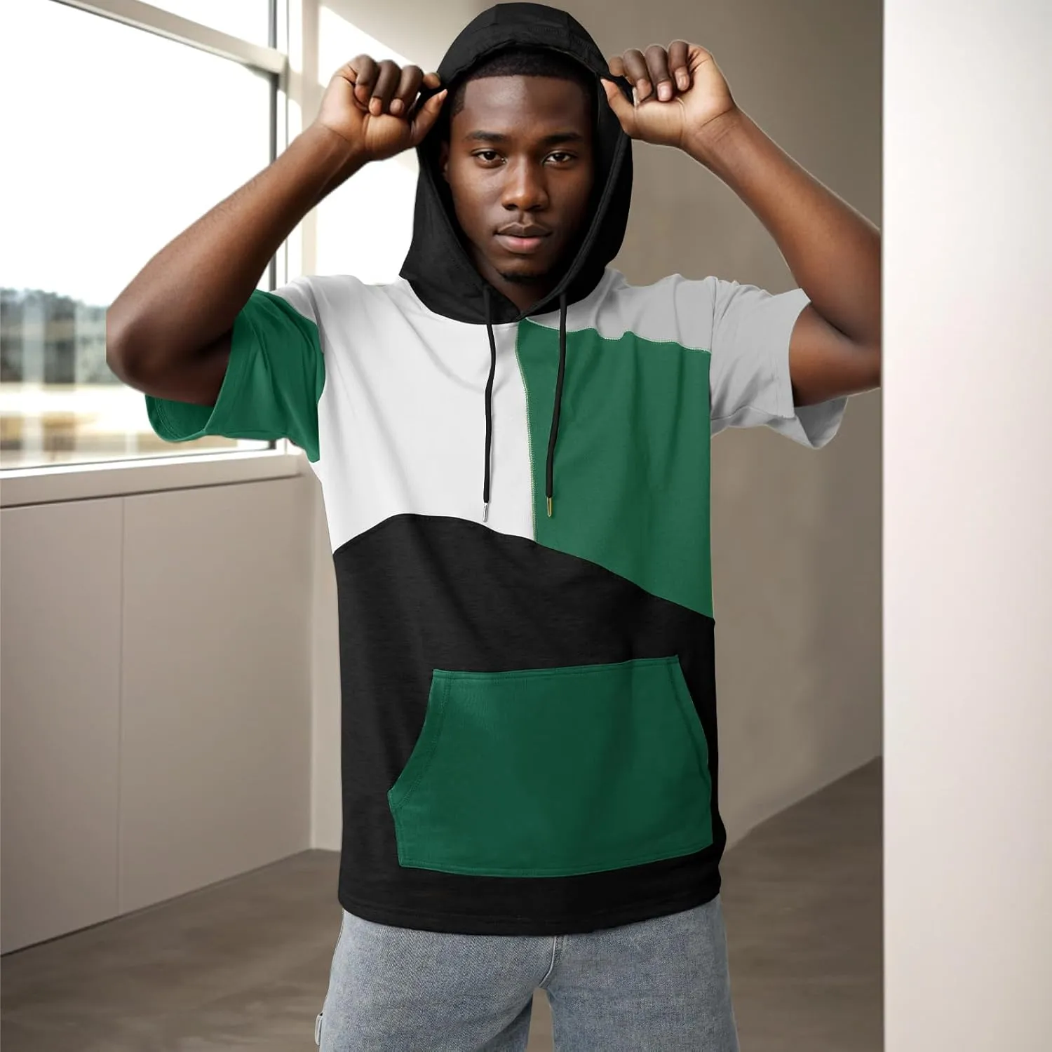 Mens Short Sleeve Hoodie Soft Cotton Color Block T-Shirt Sweatshirt Big Pocket Half Sleeve Summer Pullover