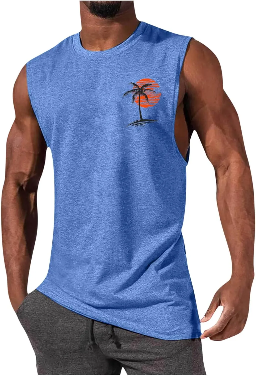 Men's Workout Tank Tops Gym Cut Off Sleeveless T Shirt Bodybuilding Fitness Muscle Athletic Tank Top Palm Tree Shirts Tee