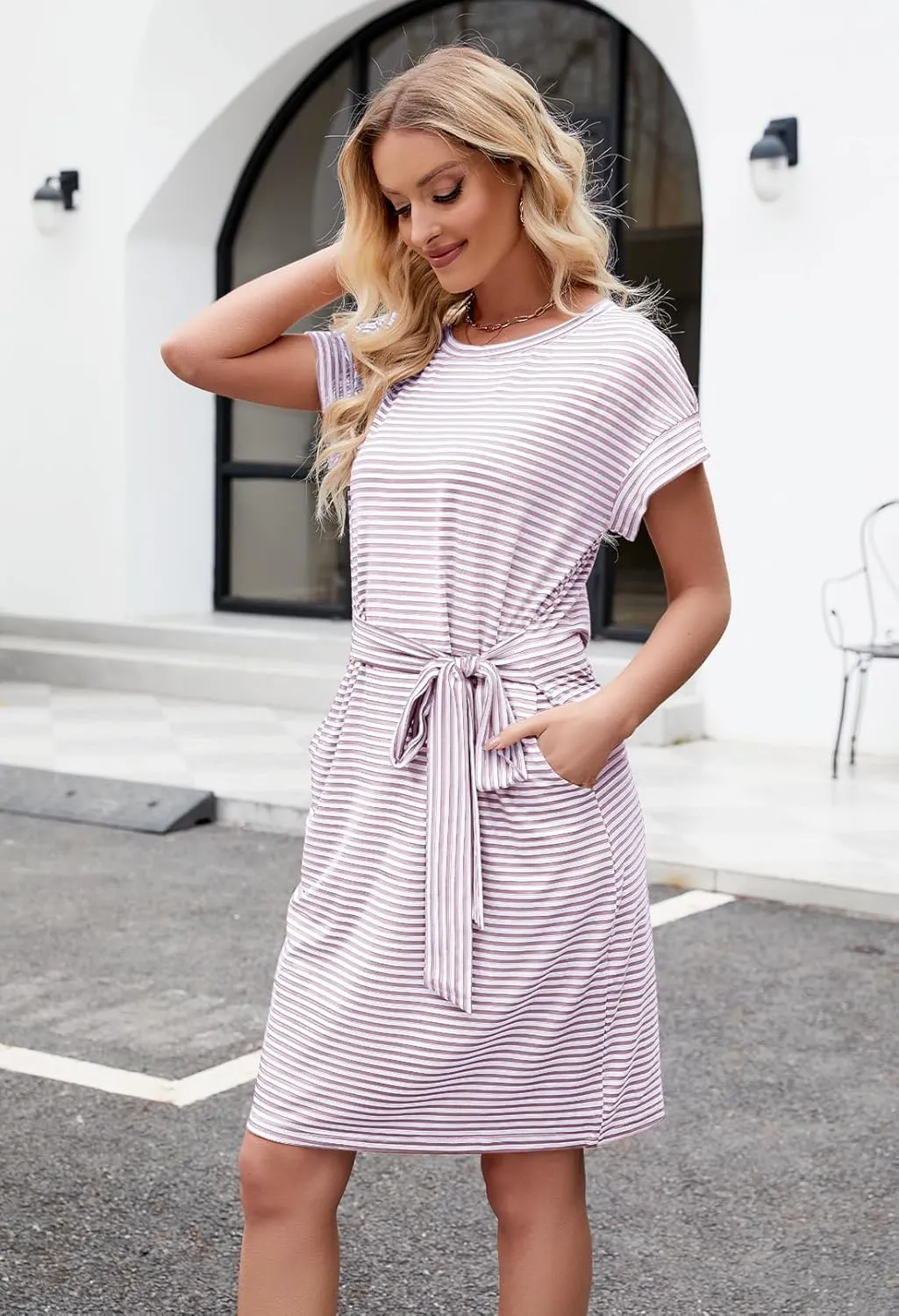 MEROKEETY Women's Summer Striped Short Sleeve T Shirt Dress Casual Tie Waist with Pockets