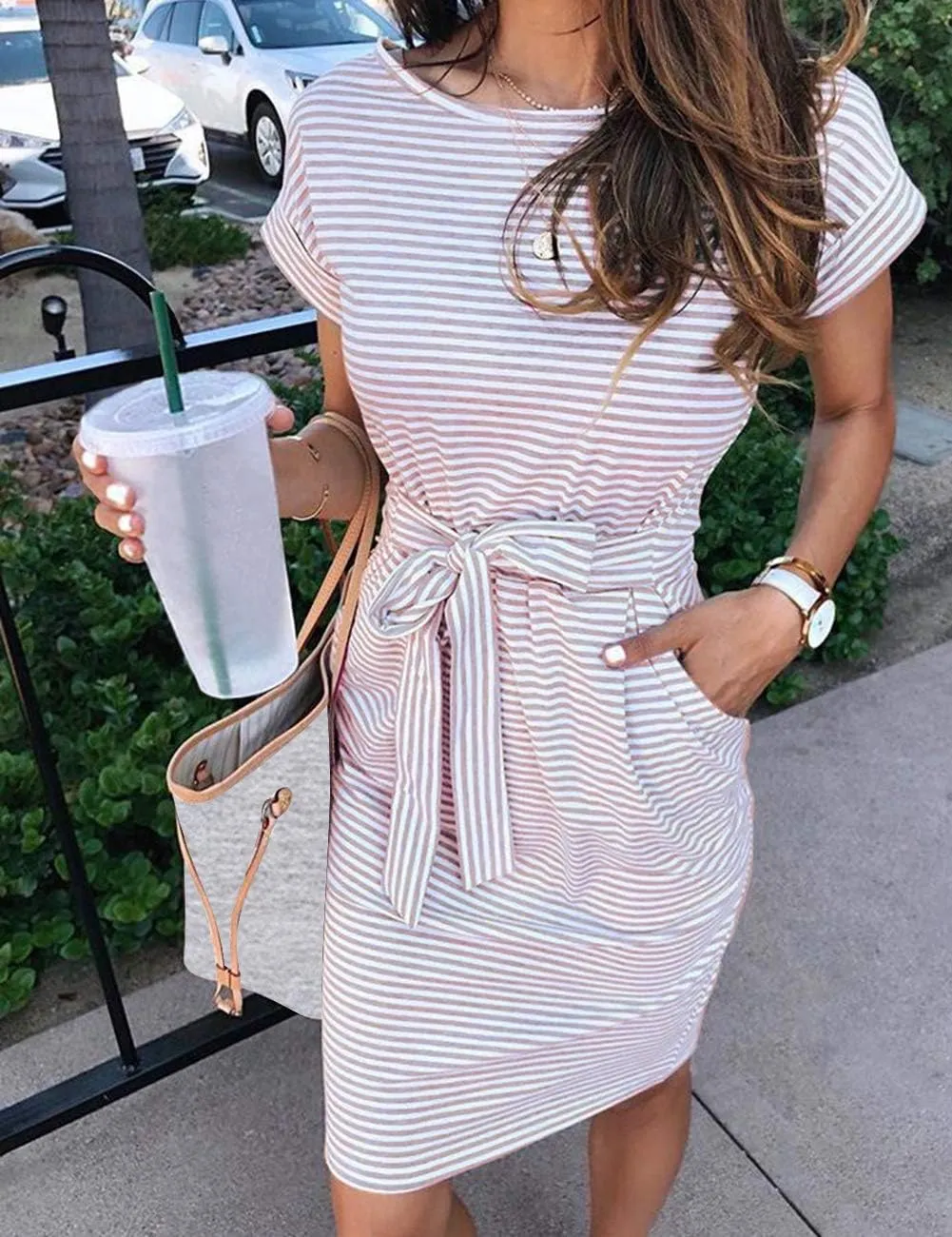 MEROKEETY Women's Summer Striped Short Sleeve T Shirt Dress Casual Tie Waist with Pockets