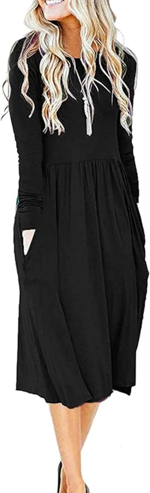 MISFAY Women's Long Sleeve Midi Dress Loose Casual Empire Waist Dresses with Pockets