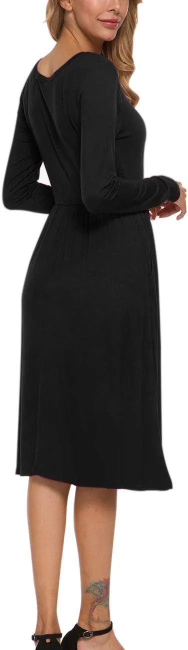 MISFAY Women's Long Sleeve Midi Dress Loose Casual Empire Waist Dresses with Pockets