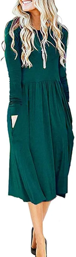 MISFAY Women's Long Sleeve Midi Dress Loose Casual Empire Waist Dresses with Pockets