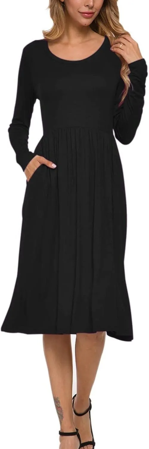 MISFAY Women's Long Sleeve Midi Dress Loose Casual Empire Waist Dresses with Pockets